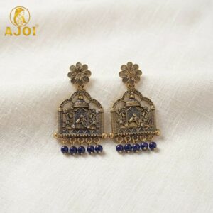Antique Temple Doli Design Earrings with Blue Bead Drops for Ethnic Festive Wear