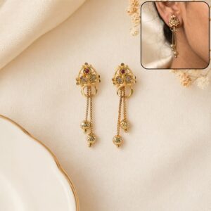Traditional Gold-Plated Stone Studded Hanging Chain Earrings for Women & Girls (1 Pair)