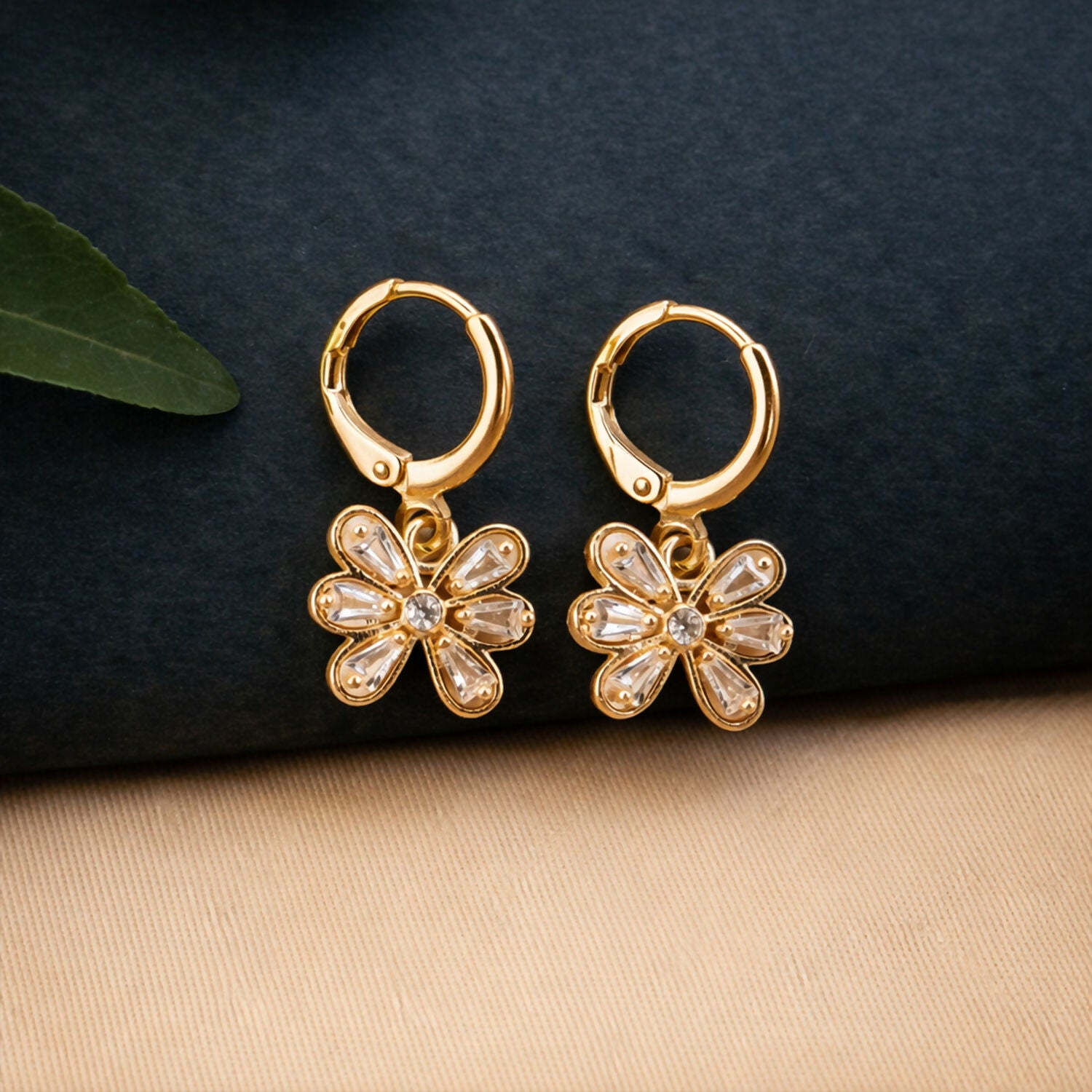 Gold-Tone Floral Crystal Drop Hoop Earrings for Women
