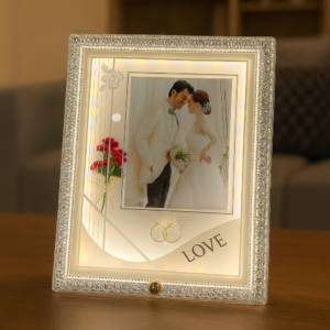 Crystal White LED Wedding Photo Frame | Elegant Square Illuminated Picture Frame with Decorative Floral Design & Rings | 4x6 Inch Couple Photo Frame | Romantic Gift for Wedding, Anniversary, Valentine’s Day & Home Décor