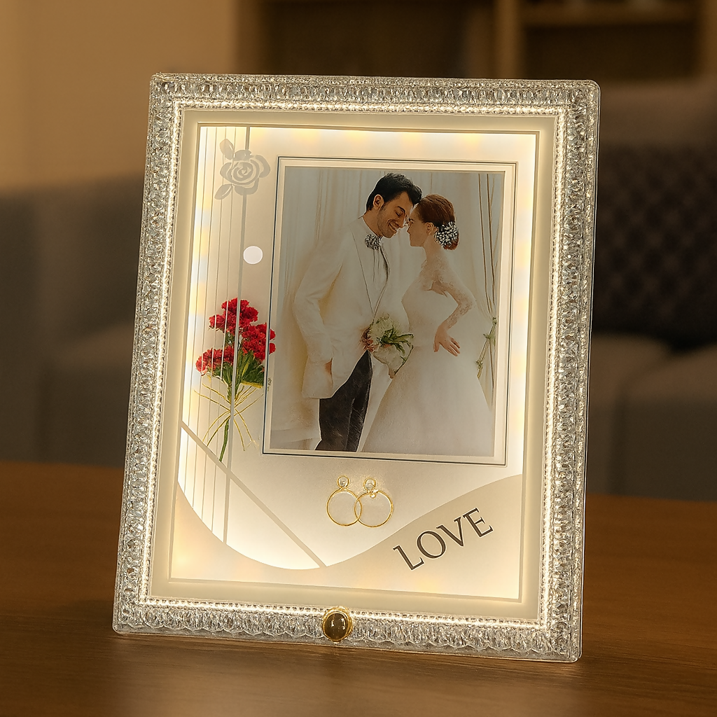 Crystal White LED Wedding Photo Frame | Elegant Square Illuminated Picture Frame with Decorative Floral Design & Rings | 4x6 Inch Couple Photo Frame | Romantic Gift for Wedding, Anniversary, Valentine’s Day & Home Décor