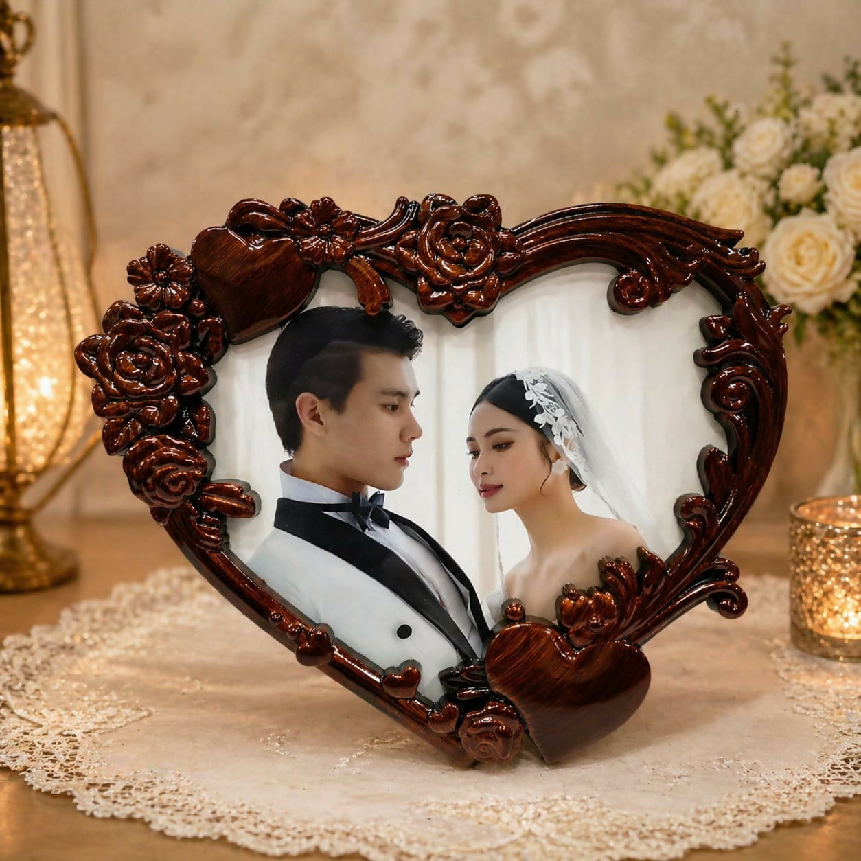 Vintage Heart-Shaped Floral Photo Frame Antique Finish Wedding Gift Decor