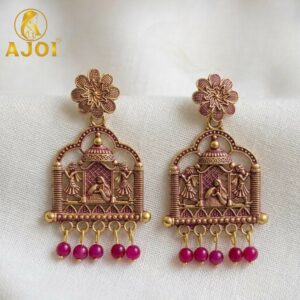 Antique Temple Doli Design Earrings with Pink Bead Drops for Ethnic Festive Wear