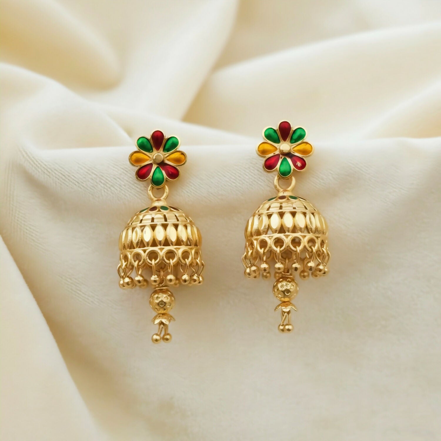 Floral Enamel Gold-Plated Jhumka Earrings