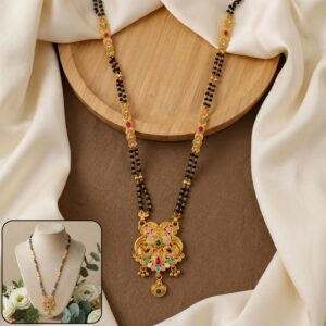 Antique Finish Makara Dragon Scroll Pendant with Fan Enamel Base Long Double Strand Mangalsutra