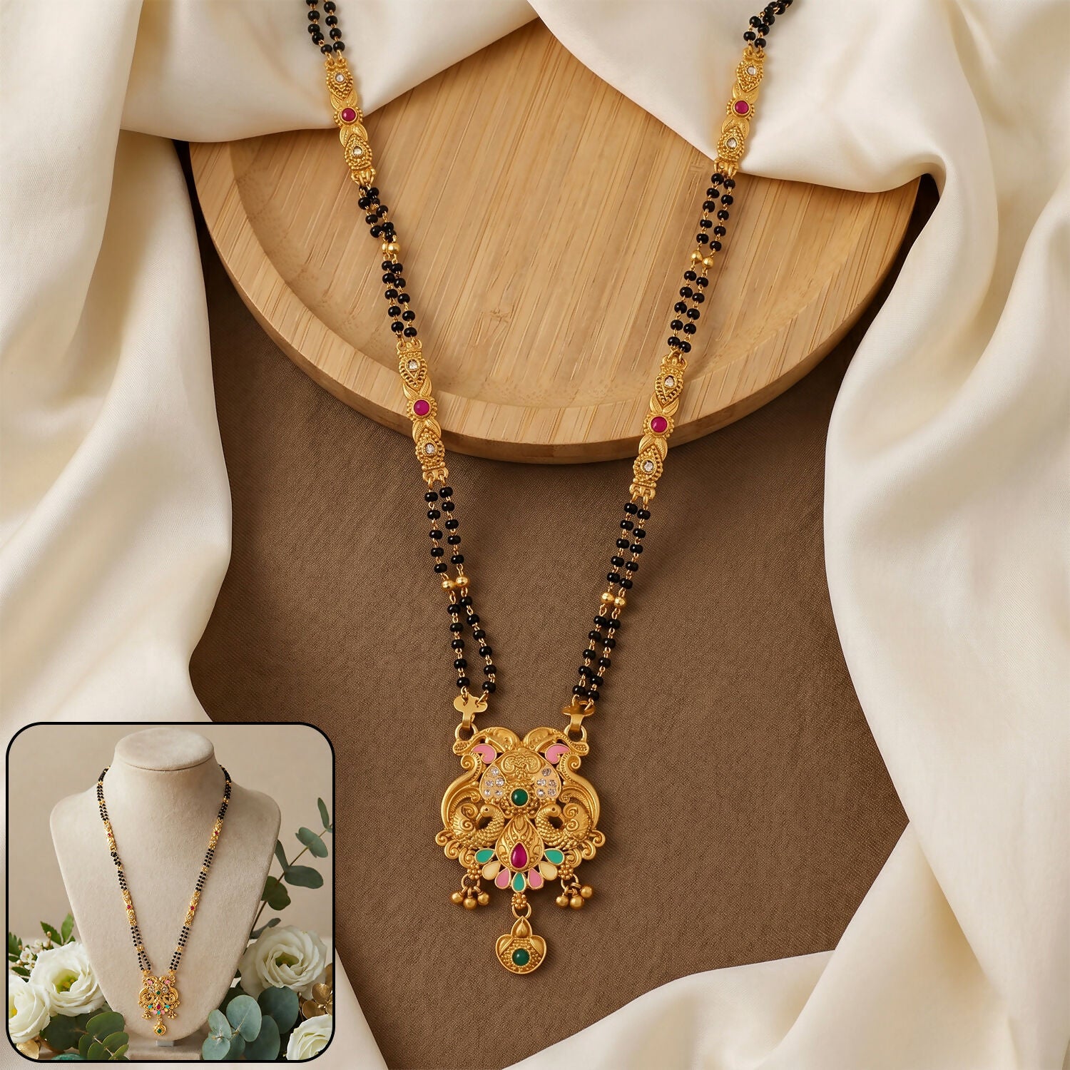 Antique Finish Makara Dragon Scroll Pendant with Fan Enamel Base Long Double Strand Mangalsutra