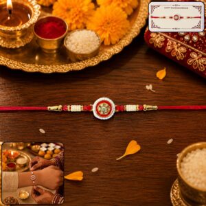 Red Round Kundan Pearl Border Rakhi
