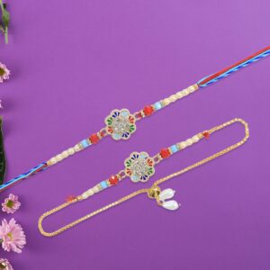 Elegant Bhai Bhabhi Rakhi Set with Floral Multicolor Dial, Pearl Beads & Golden Adjustable Lumba