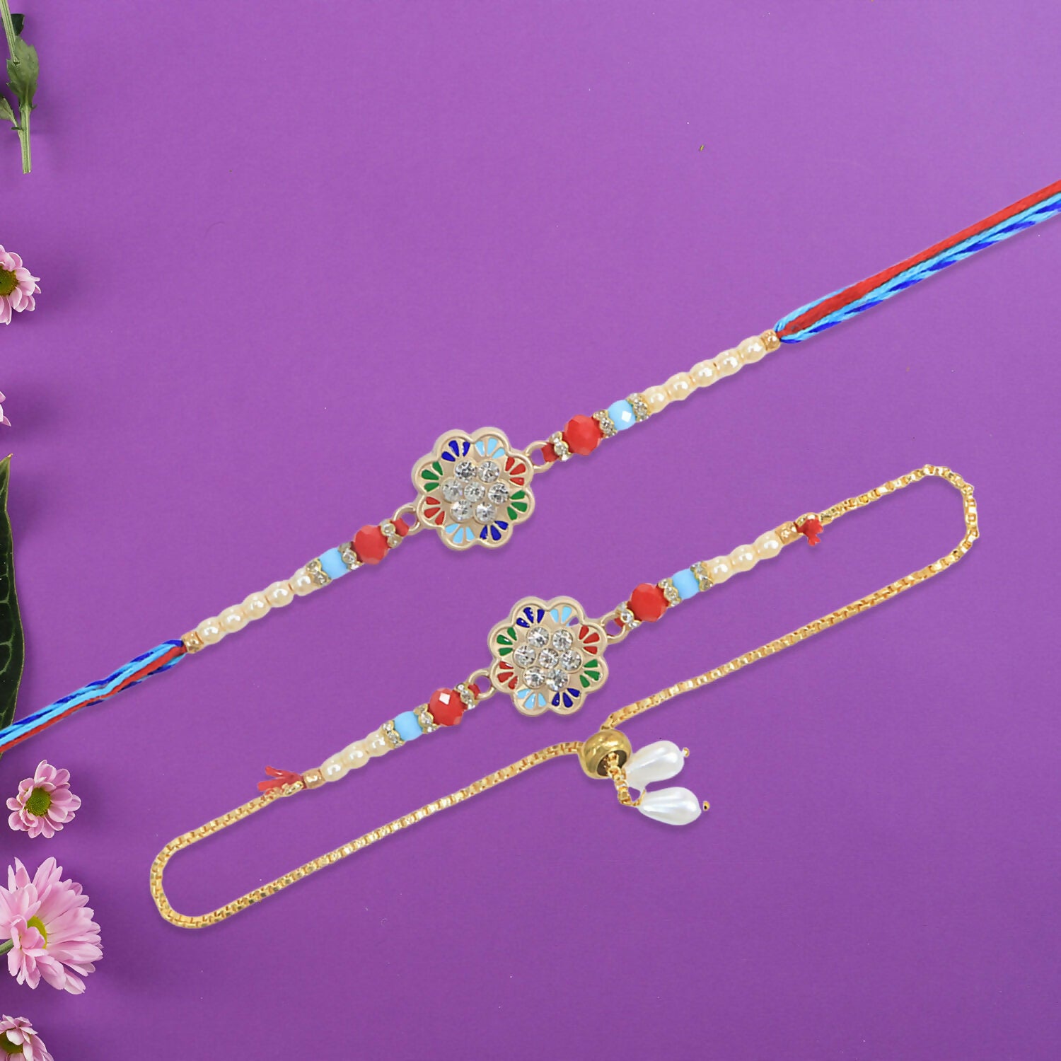 Elegant Bhai Bhabhi Rakhi Set with Floral Multicolor Dial, Pearl Beads & Golden Adjustable Lumba
