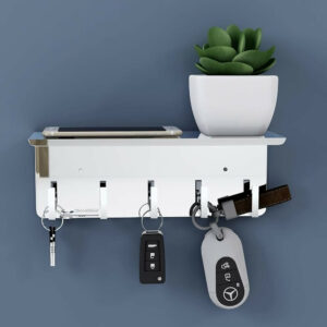 Wall Mount Stainless Steel Key Stand with Phone Holder and Decorative Plant Pot