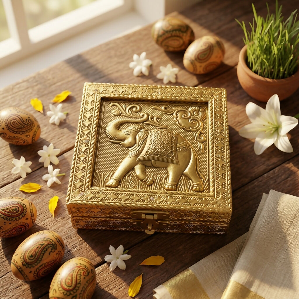 Handcrafted Golden Embossed Elephant Metal Jewelry Box