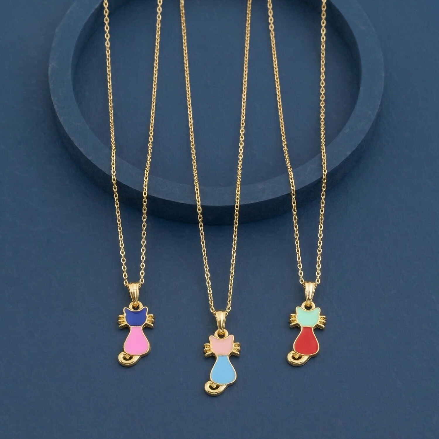 Cute Cat Gold Pendant Necklaces with Colorful Enamel Charm