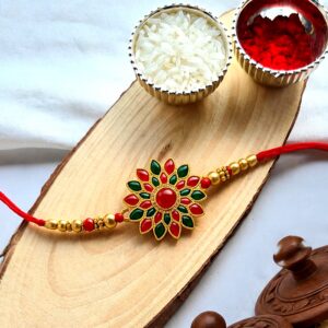 Red and Green Colored Stone flower design Rakhi