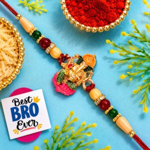 Divine Lord Ganesha Rakhi with Wooden Beads & Colorful Accents