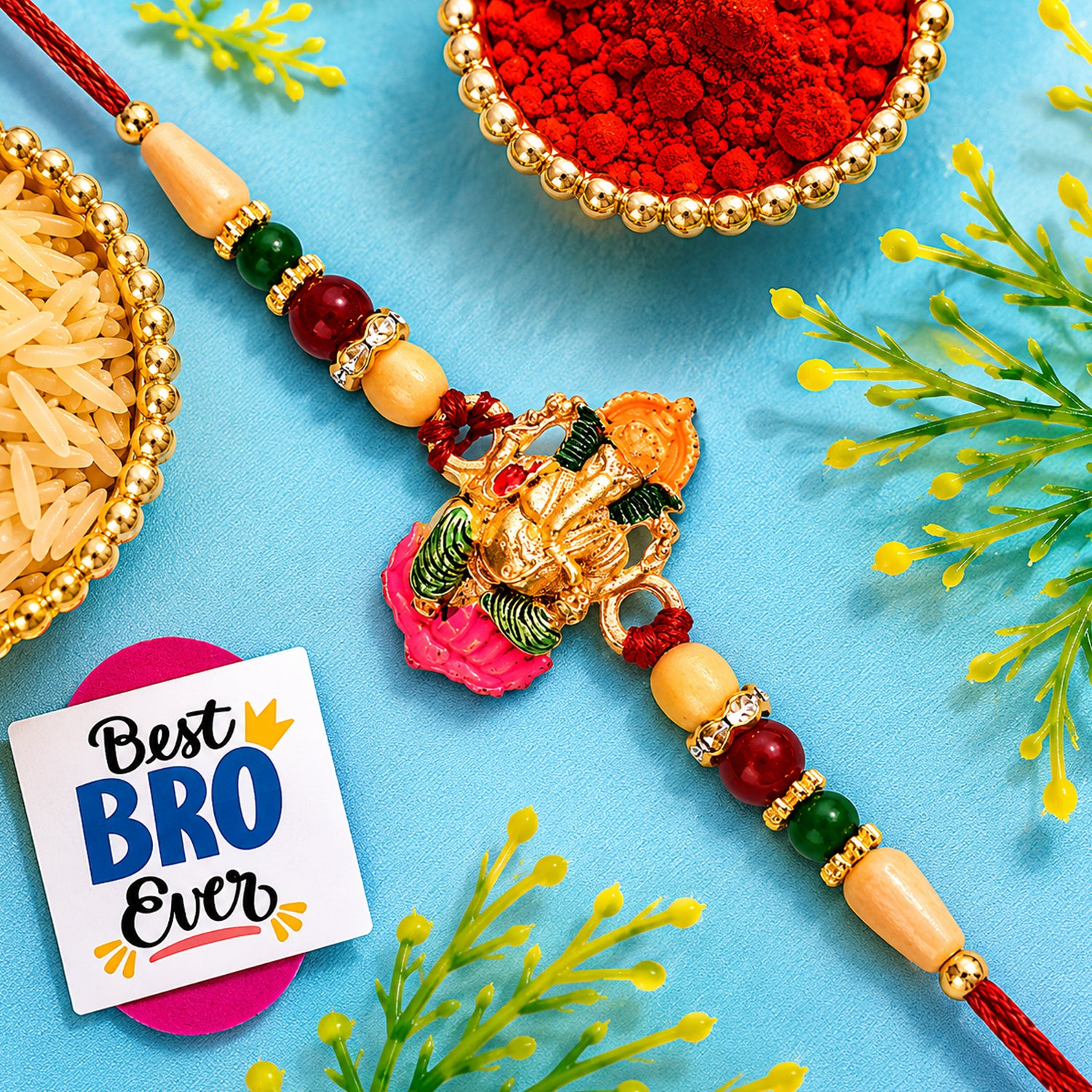 Divine Lord Ganesha Rakhi with Wooden Beads & Colorful Accents