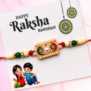 Traditional Rectangular Meenakari Rakhi with Red-Green Beads – Elegant Festive Rakhi for Brother