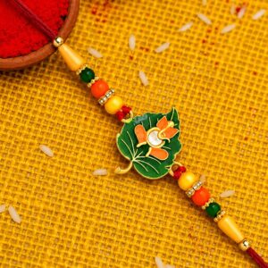 Green Tulsi Leaf Rakhi with Orange Enamel Flower and Beaded Thread