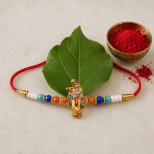 Spiritual Designer Rakhi with Lord Krishna Flute Playing Idol (1 Pc)