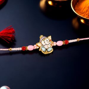 Cute Ganesha Designer Rakhi with Pink and Red Beads (1 Pc)