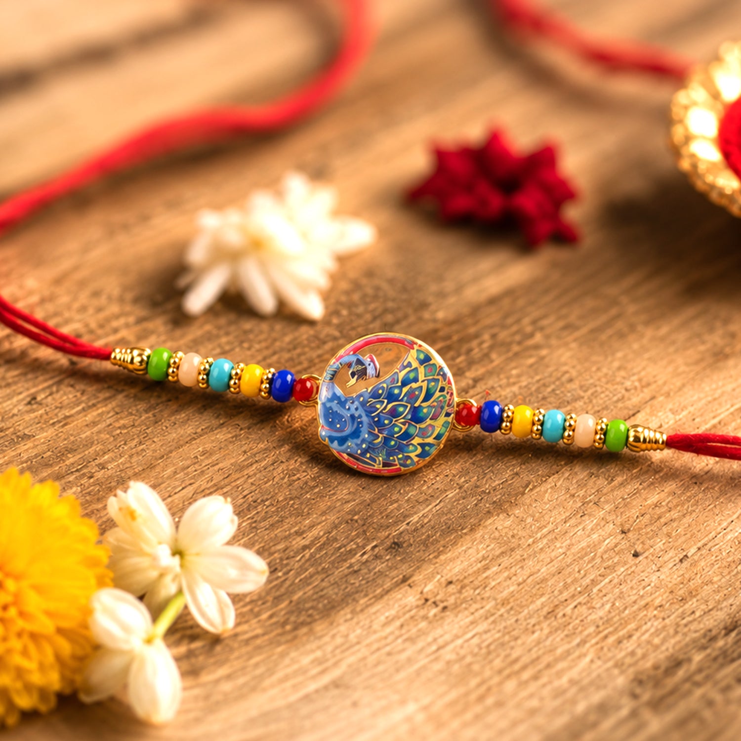 Peacock Design Designer Rakhi with Multicolor Beads (1 Pc)