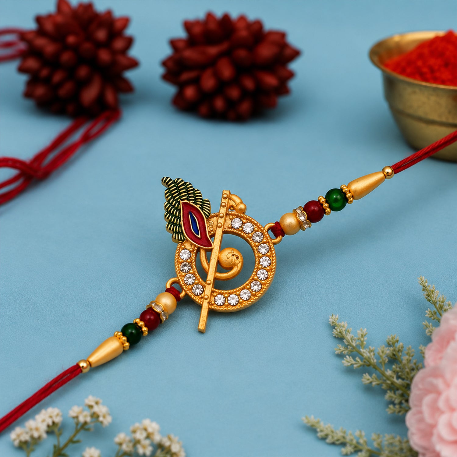Designer Rakhi with Lord Krishna Motif and Decorative Beads (1 Pc)