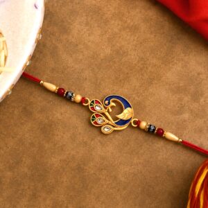 Colorful Peacock Design Rakhi with Meenakari Work and Beaded Thread
