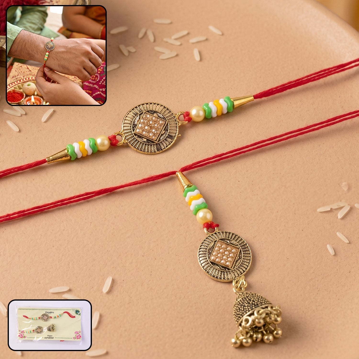 Antique Coin Bhabhi Rakhi with Beads and Latkan