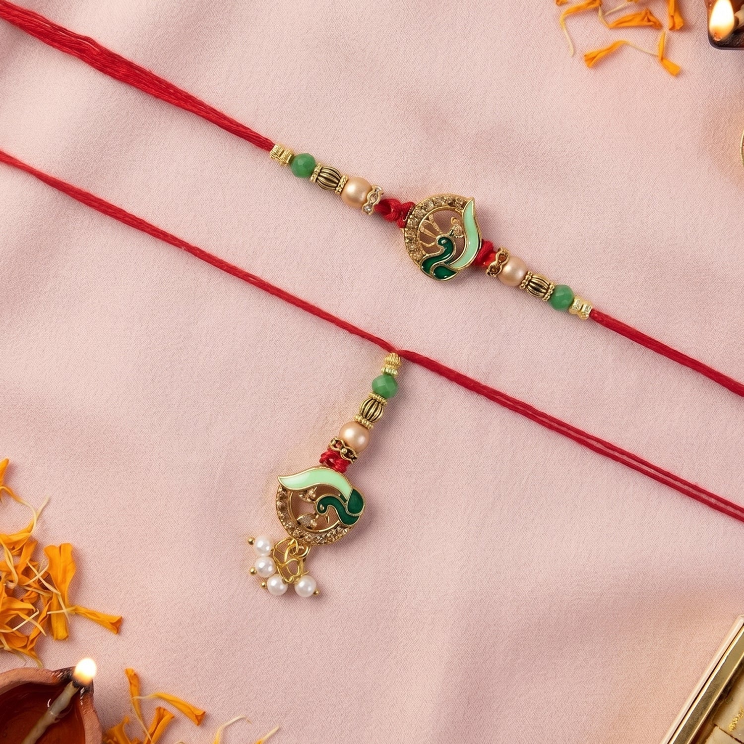 Peacock Stone Bhabhi Rakhi with Pearl Drop