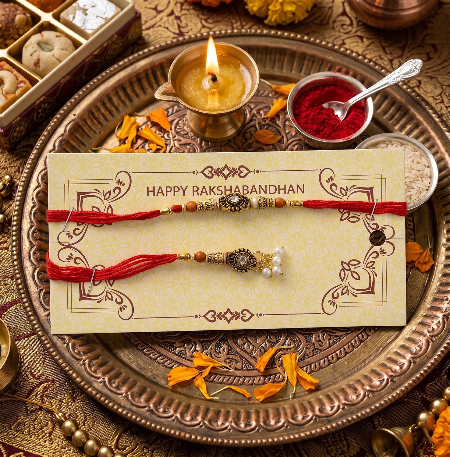 Antique Stone Bhabhi Rakhi with Pearl Beads