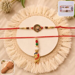 Peacock Pendant Bhabhi Rakhi with Red Green Beads