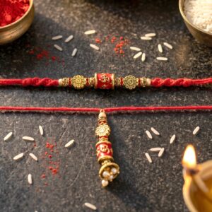 Red Gold Bead Bhabhi Rakhi with Hanging Charm