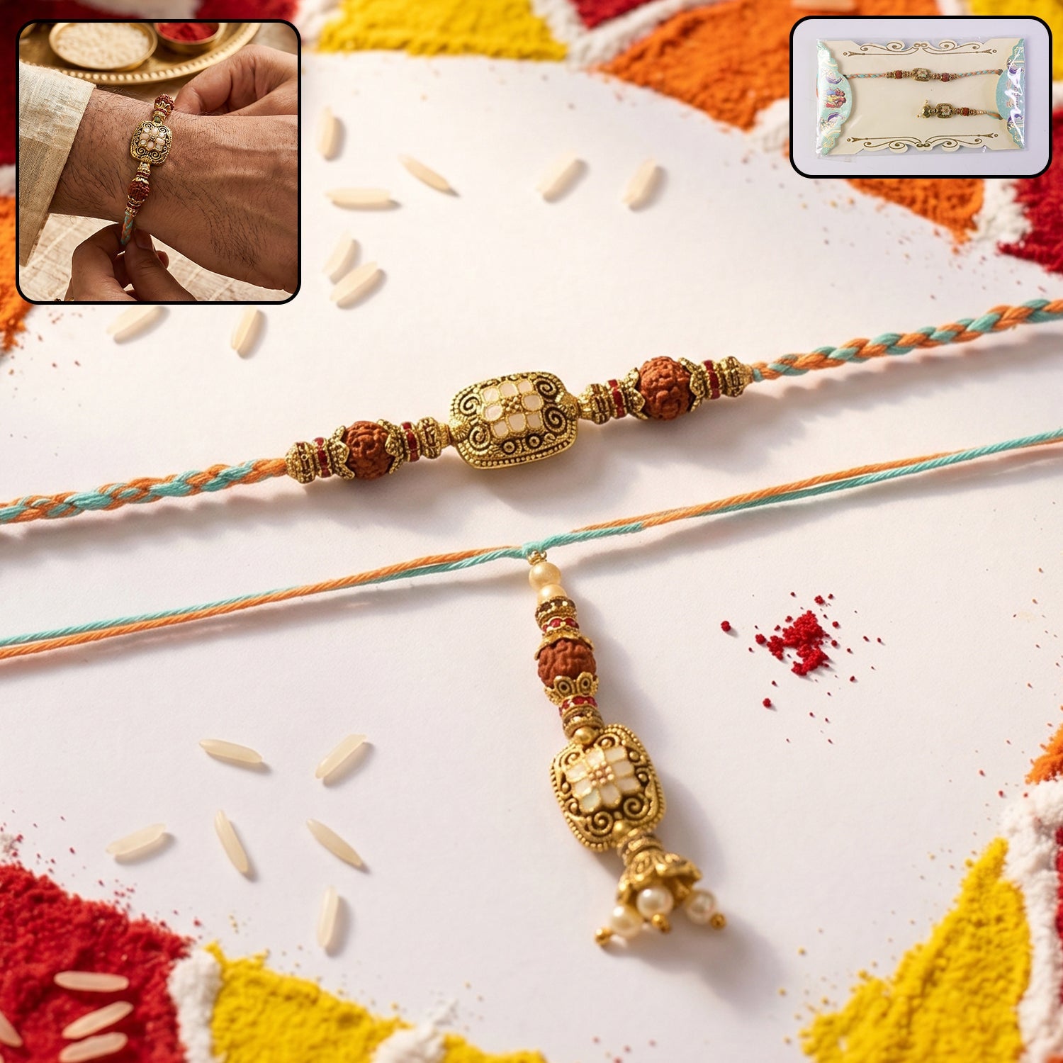 Golden Bead Bhabhi Rakhi with Traditional Latkan