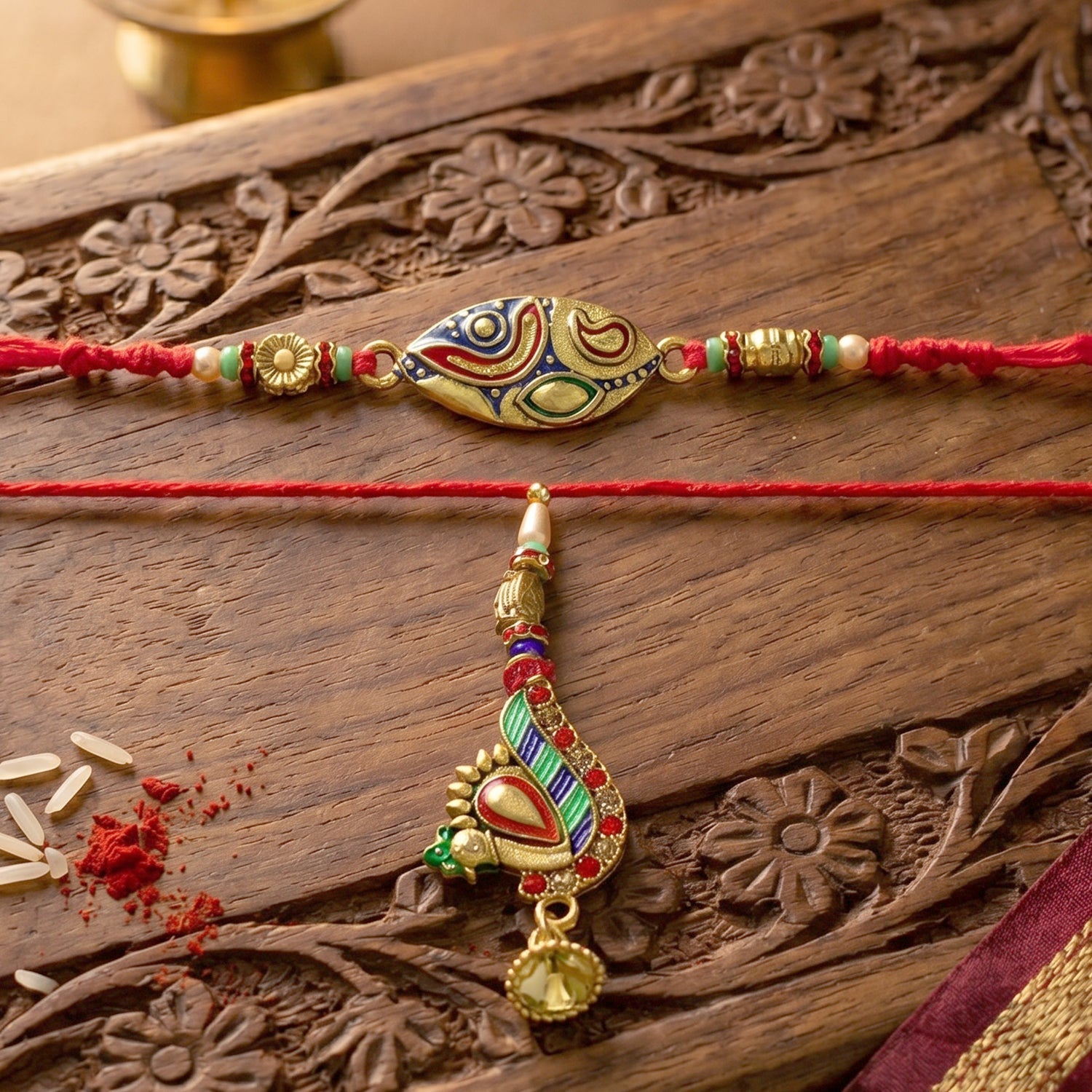 Colorful Meenakari Bhabhi Rakhi with Peacock Latkan
