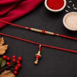 Red Pearl Bhabhi Rakhi with Golden Charm