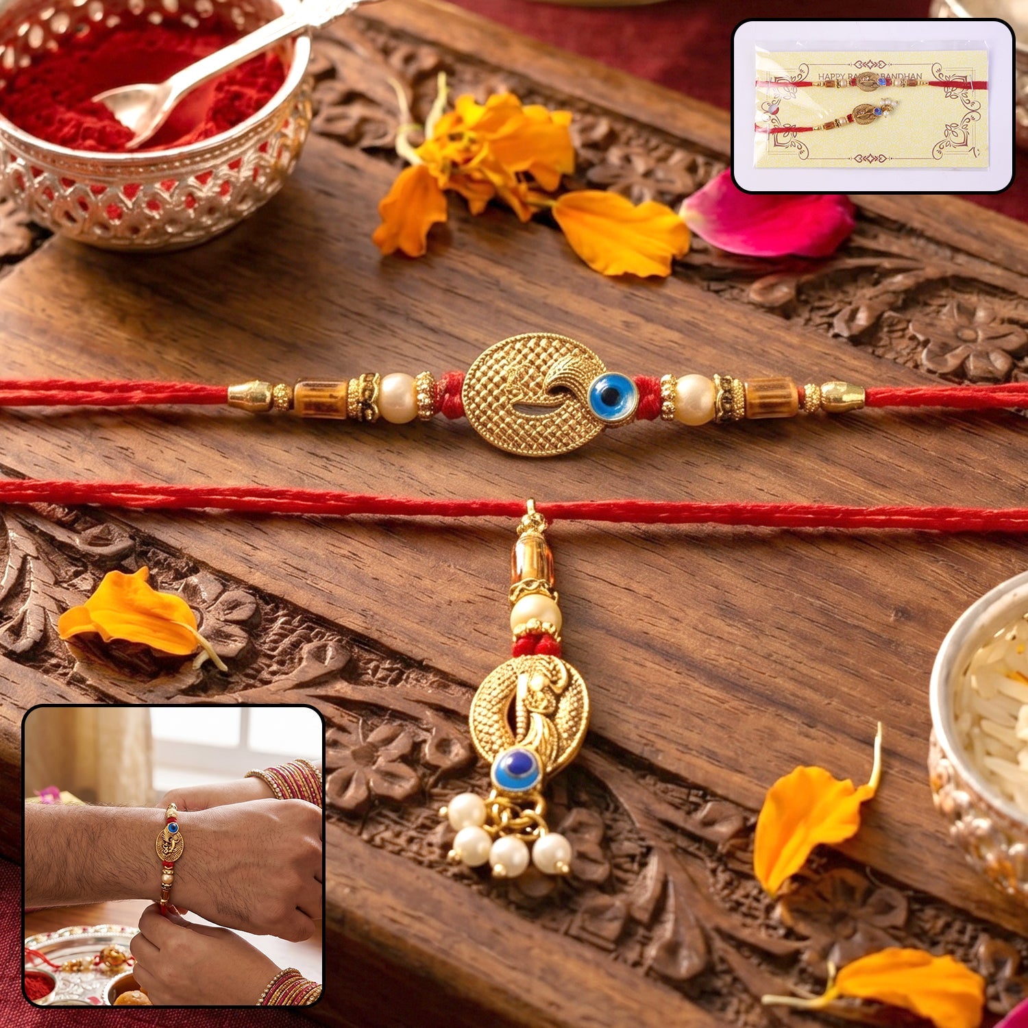 Blue Stone Bhabhi Rakhi with Pearl Cluster Latkan