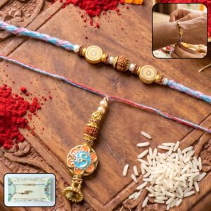 Blue Floral Bhabhi Rakhi with Colorful Thread