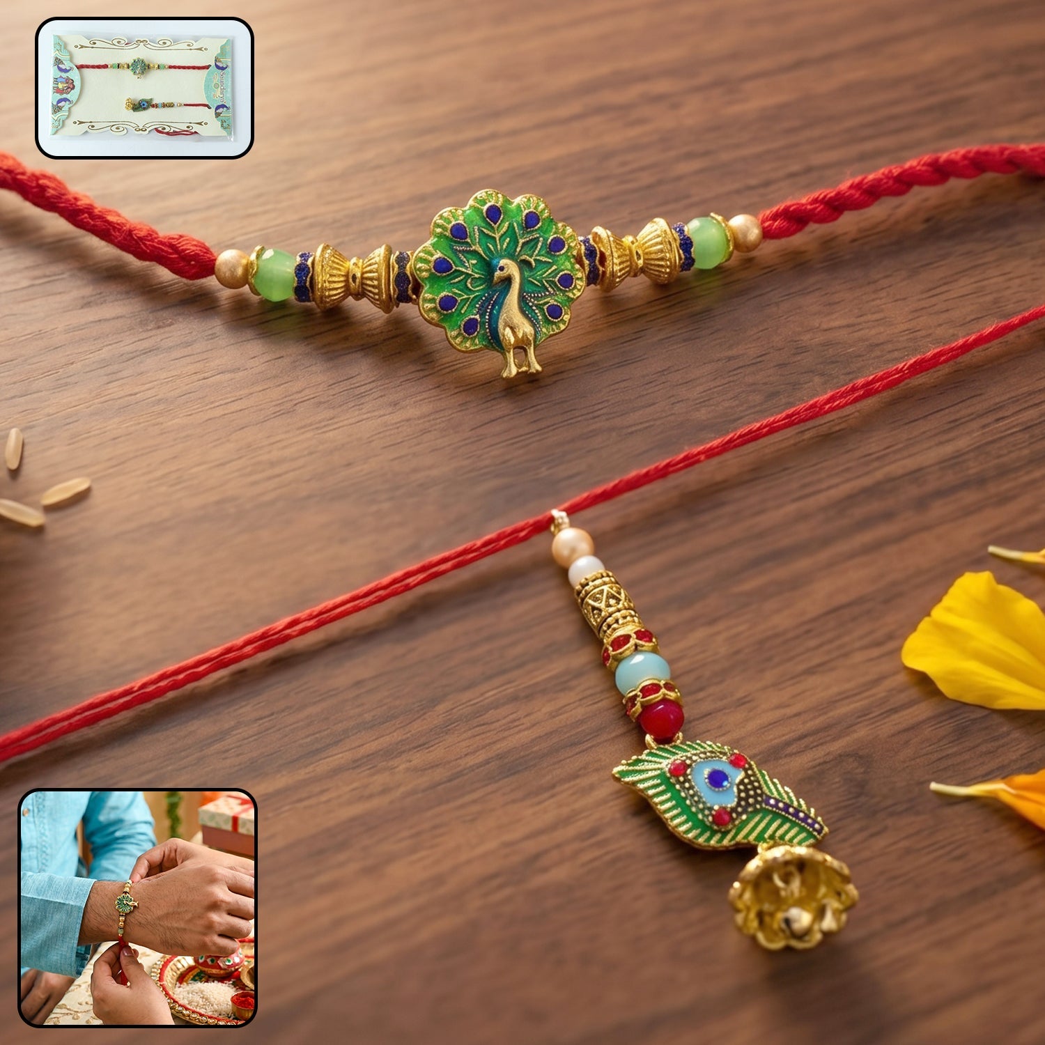 Peacock Bhabhi Rakhi with Green Stones and Latkan
