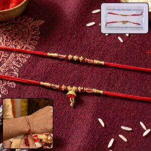 Elegant Golden Beaded Designer Rakhi with Red Thread