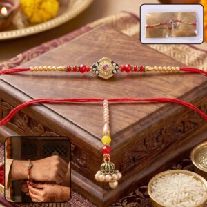 Diamond Shape Stone Designer Rakhi with Pearl Jhumka