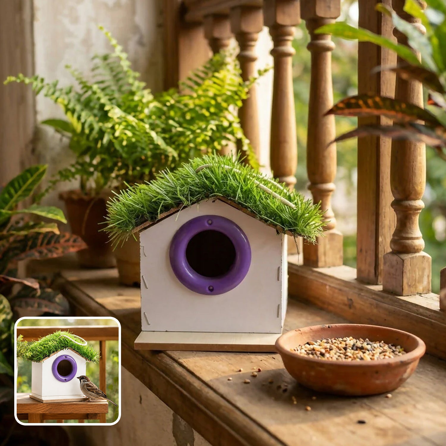Decorative Hanging Wooden Bird House with Grass Roof for Garden Use