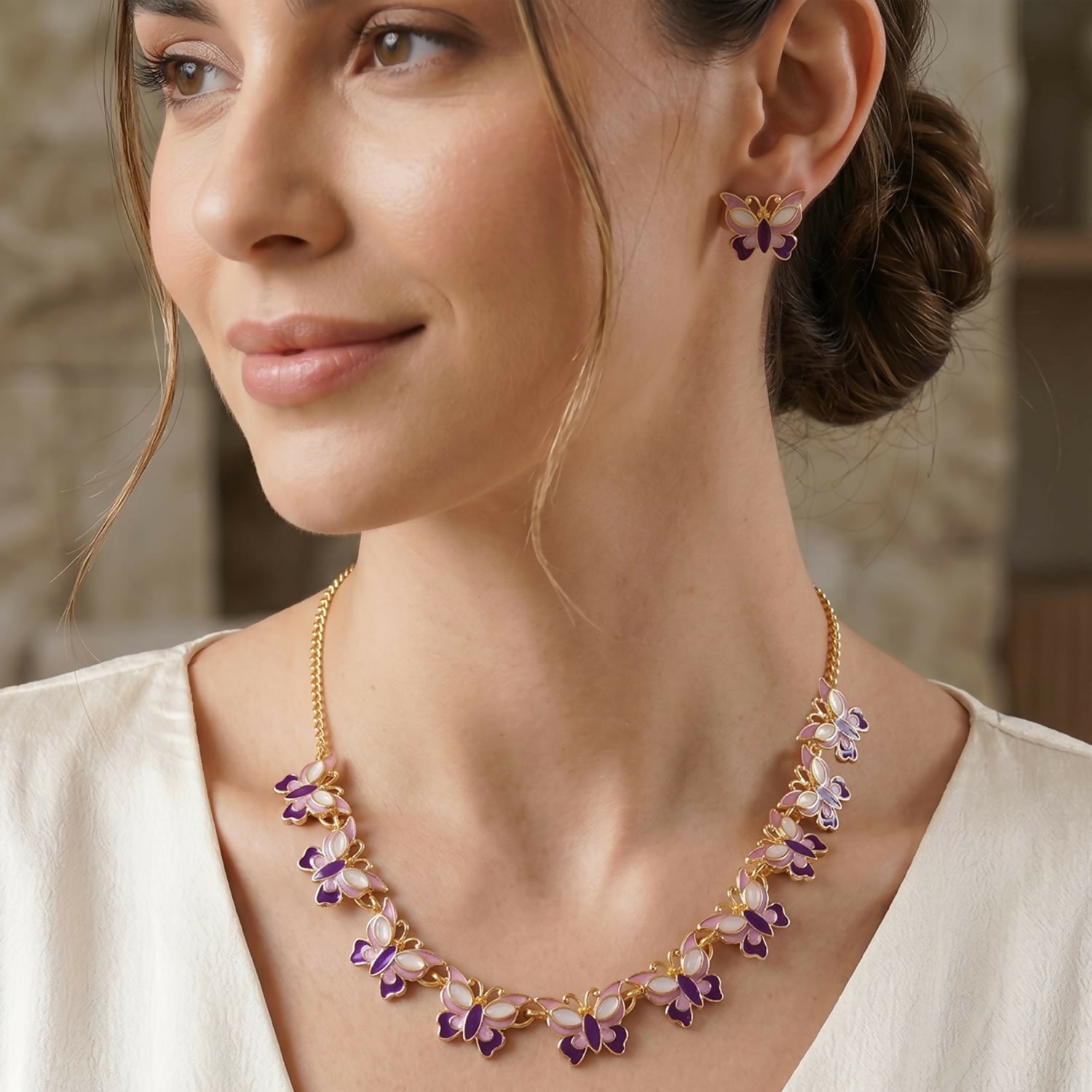 Purple Butterfly Gold-Plated Necklace and Earrings Jewellery Set
