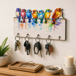 Colorful Bird Design Wooden Key Holder with 5 Hooks for Wall 8x6 inch