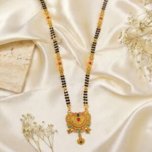 Crescent Wing Filigree Pendant with Pink Enamel Wings & Heart Locket Long Double Strand Mangalsutra