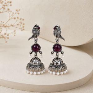 Royal Oxidised Silver Peacock Jhumka Earrings with Pearl Drops for Women