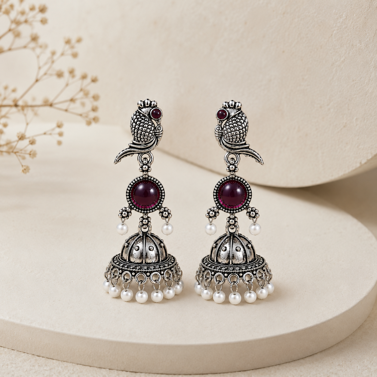 Royal Oxidised Silver Peacock Jhumka Earrings with Pearl Drops for Women