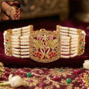Elegant Pearl and Stone Encrusted Bridal Bracelet with Floral Design