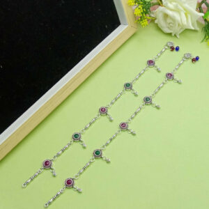 Traditional Silver Anklet Set with Red & Green Stones
