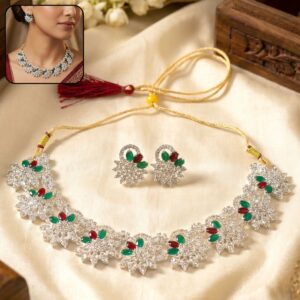 Elegant Red and Green Floral Necklace Set with Earrings for Traditional Wear