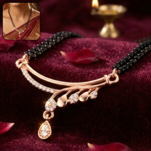 Rose Gold Finish Wave Arc CZ Pendant with Pear Drop Double Strand Mangalsutra