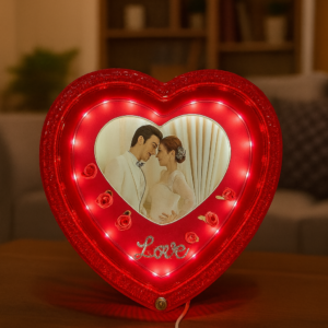Heart-Shaped LED Love Photo Frame | Romantic Red Glowing Picture Frame with Roses & “Love” Design | 4x6 Inch Couple Photo Frame | Perfect Gift for Wedding, Anniversary, Valentine’s Day & Home Décor